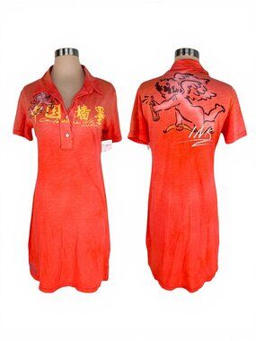 The Great China Wall Ink Orange Red Angel Can Logo Polo Shirt Dress NWT New M